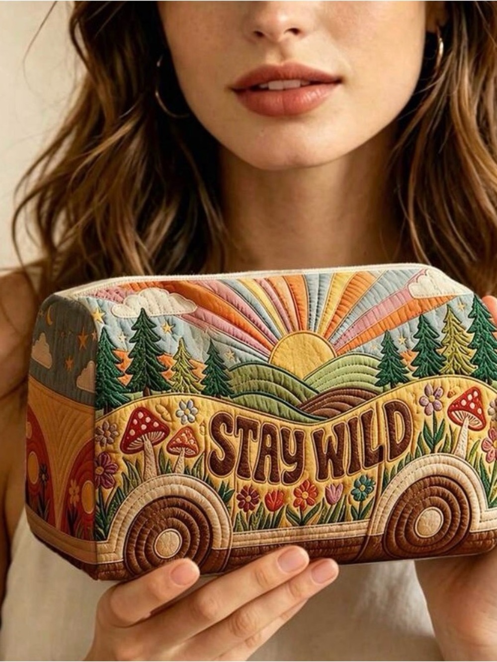 Quilted 'Stay Wild' Multicolor Cosmetic Bag